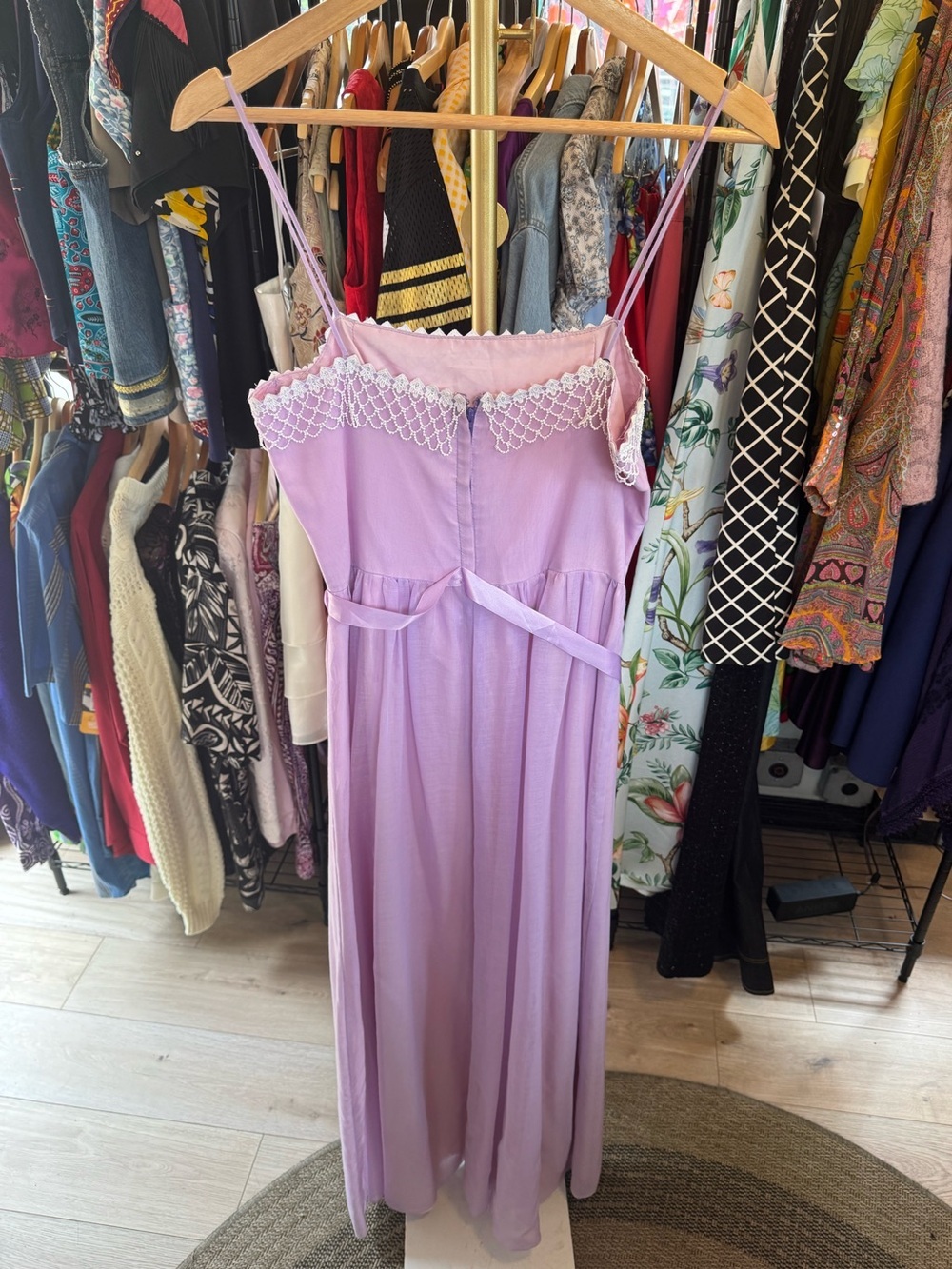 vintage lavender maxi dress white lace trim straight neckline spaghetti straps - Picture 7 of 13